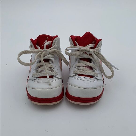 Jordan Kids White and Red Sneakers high top lace up shoes size 7 - Picture 2 of 11